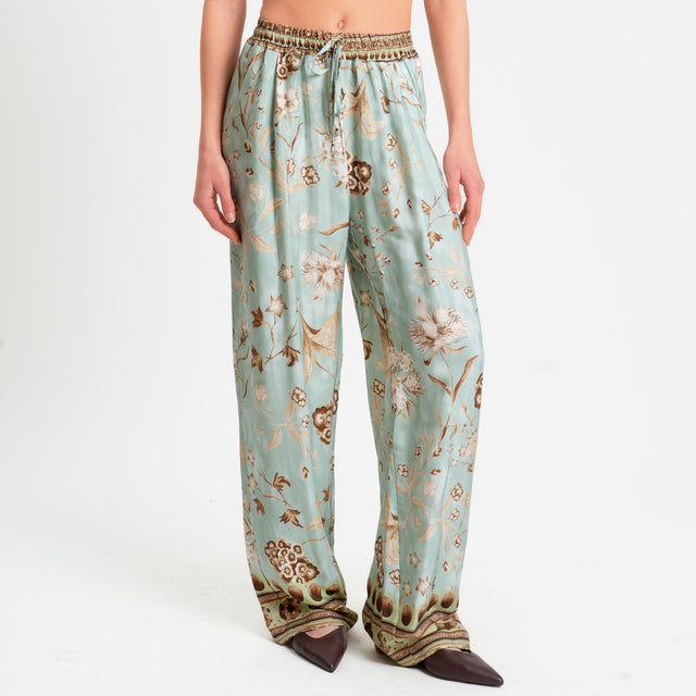 Wu'side-Pantalone fantasia floreale con coulisse - menta/cioccolato