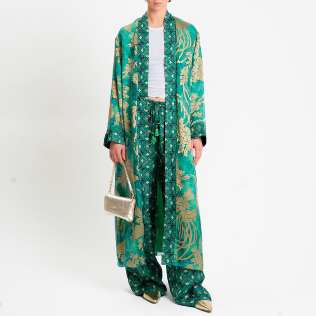 Wu'side-Kimono organza fantasia floreale - smeraldo/sand/nero