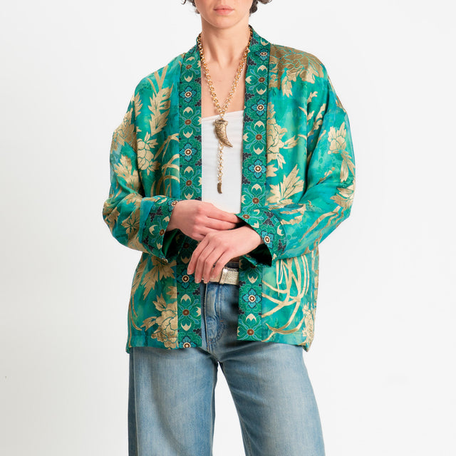 Wu'side-Kimono corto organza fantasia floreale - smeraldo/sand/nero