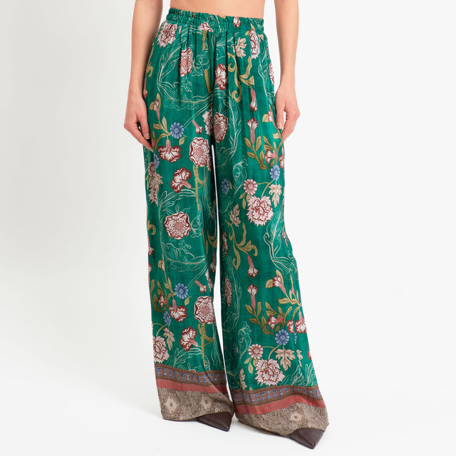 Wu'side-Pantalone fantasia floreale elastico in vita - smeraldo/rust/moro
