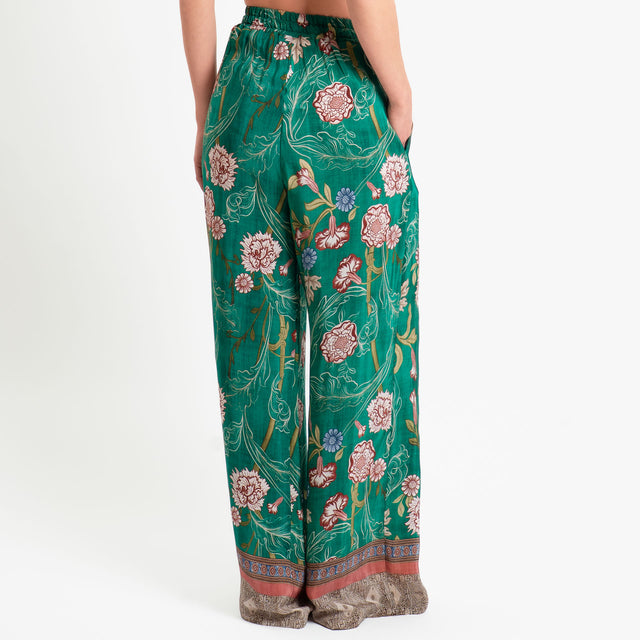 Wu'side-Pantalone fantasia floreale elastico in vita - smeraldo/rust/moro