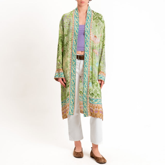 Wu'side-Kimono lungo fantasia floreale - verde/cuoio/lilla