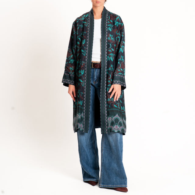 Wu'side-Kimono lungo fantasia botanica - blu/moro/ottanio