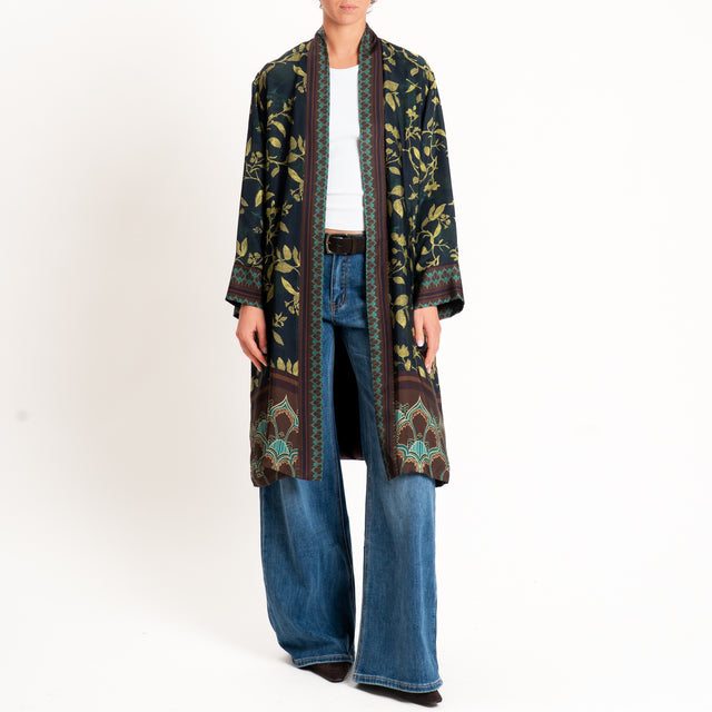 Wu'side-Kimono lungo fantasia botanica - blu/olio/moro