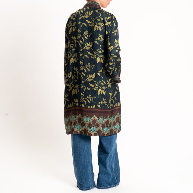 Wu'side-Kimono lungo fantasia botanica - blu/olio/moro