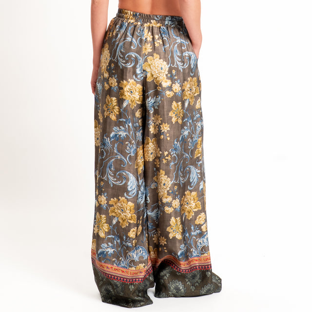 Wu'side-Pantalone fantasia floreale con coulisse - militare/giallo