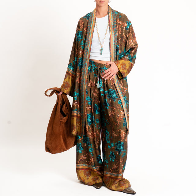Wu'side-Pantalone fantasia floreale con coulisse - tabacco/turchese