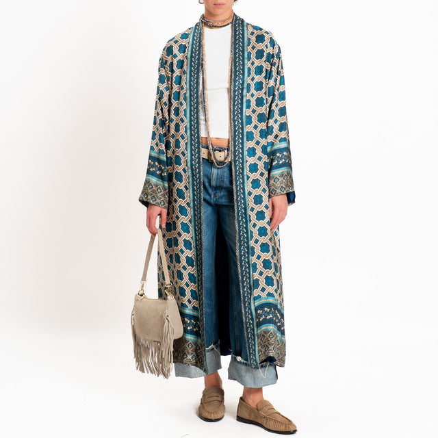 Wu'side-Kimono lungo fantasia geometrica - blu/ottanio/sand