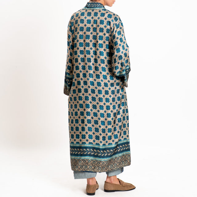 Wu'side-Kimono lungo fantasia geometrica - blu/ottanio/sand