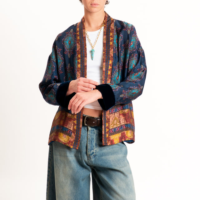 Wu'side-Kimono corto fantasia paisley con cintura - blu/ottanio