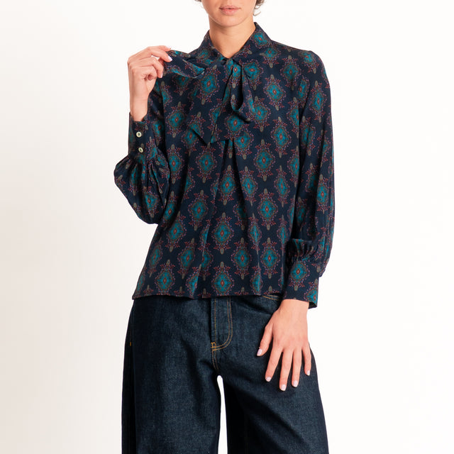 Wu'side-Camicia fantasia paisley con fiocco - blu/ottanio