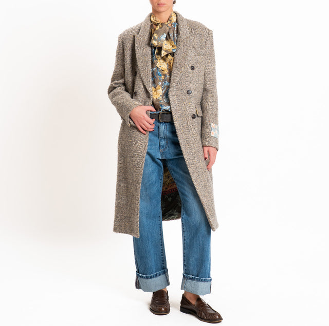 Wu'side-Wool/alpaca herringbone double-breasted coat - grey/beige