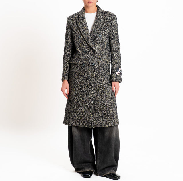 Wu'side-Cappotto doppiopetto spigato lana/alpaca - nero/avorio