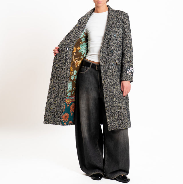 Wu'side-Cappotto doppiopetto spigato lana/alpaca - nero/avorio
