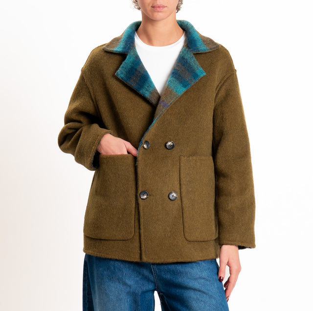 Wu'side-Giacca doppiopetto DOUBLE FACE lana/alpaca - oliva/turchese
