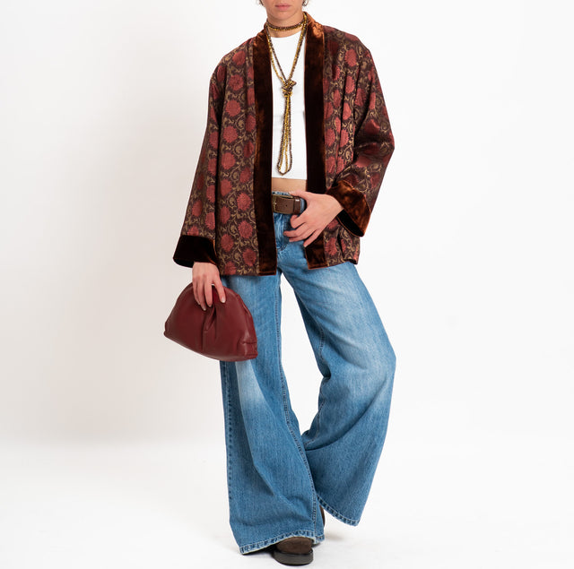Wu'side-Kimono corto damascato misto seta - bordeaux/moro