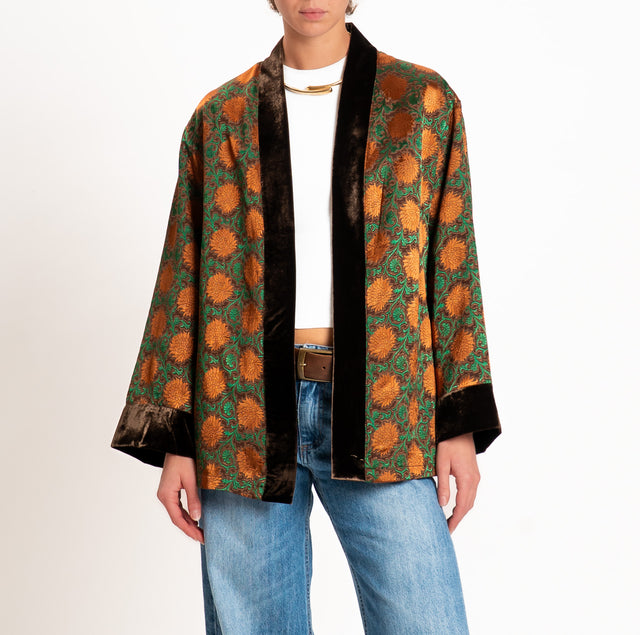 Wu'side-Kimono corto damascato misto seta - moro/ruggine