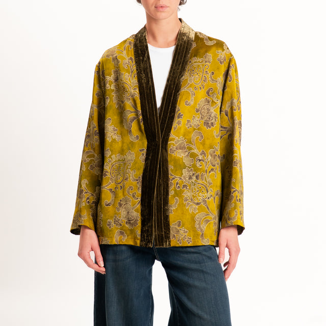 Wu'side-Kimono corto damascato misto lana - senape/moro