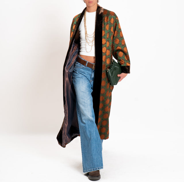 Wu'side-Kimono lungo damascato misto seta - moro/ruggine