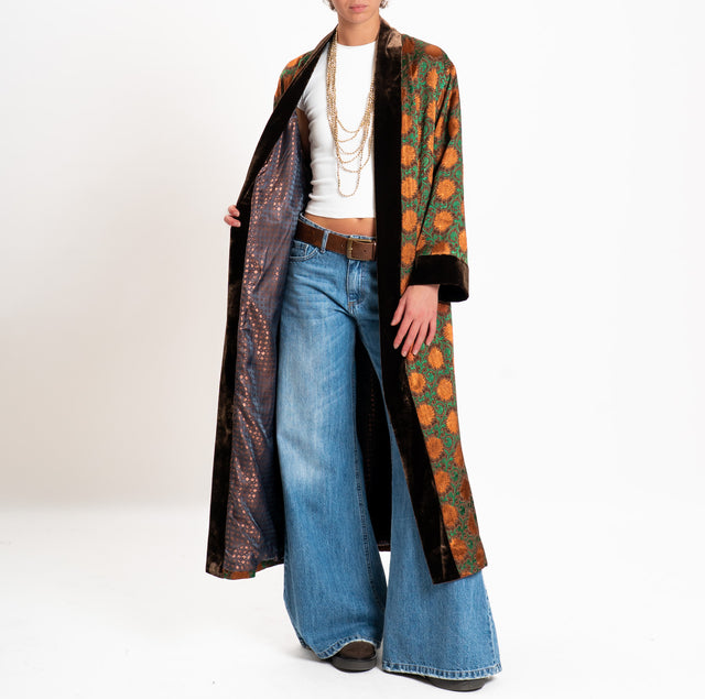 Wu'side-Kimono lungo damascato misto seta - moro/ruggine