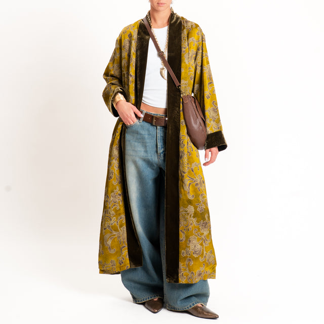 Wu'side-Kimono lungo damascato misto lana - senape/moro