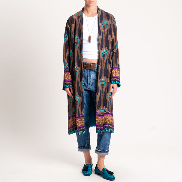Wu'side-Kimono fantasia con tasche - nero/cuoio/turchese