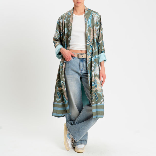 Wu'side-Kimono lungo fantasia floreale - salvia/beige/azzurro