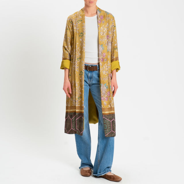 Wu'side-Kimono lungo fantasia floreale - senape/sand/rosa