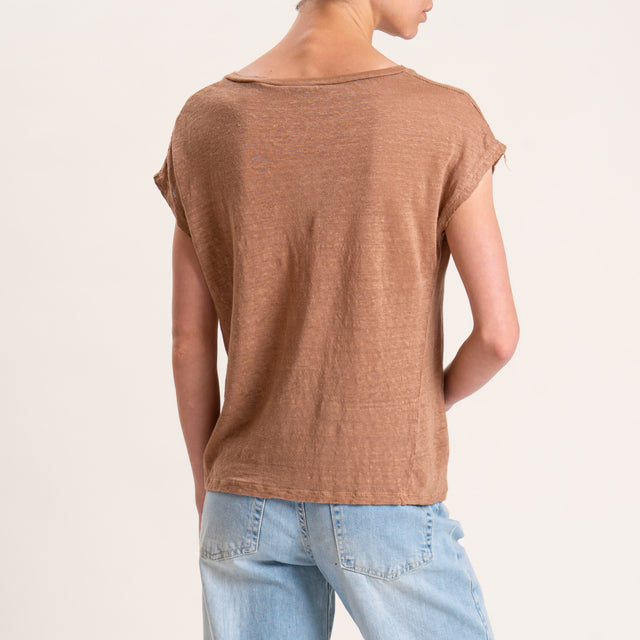 Zeroassoluto-T-shirt scollo V in lino - biscotto