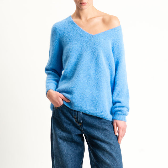 Zeroassoluto-Maglia scollo a v manica scesa BABY ALPACA SUPERFINE ELASTICIZZATA - azzurro