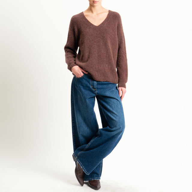 Zeroassoluto-Maglia scollo a v manica scesa BABY ALPACA SUPERFINE ELASTICIZZATA - moro