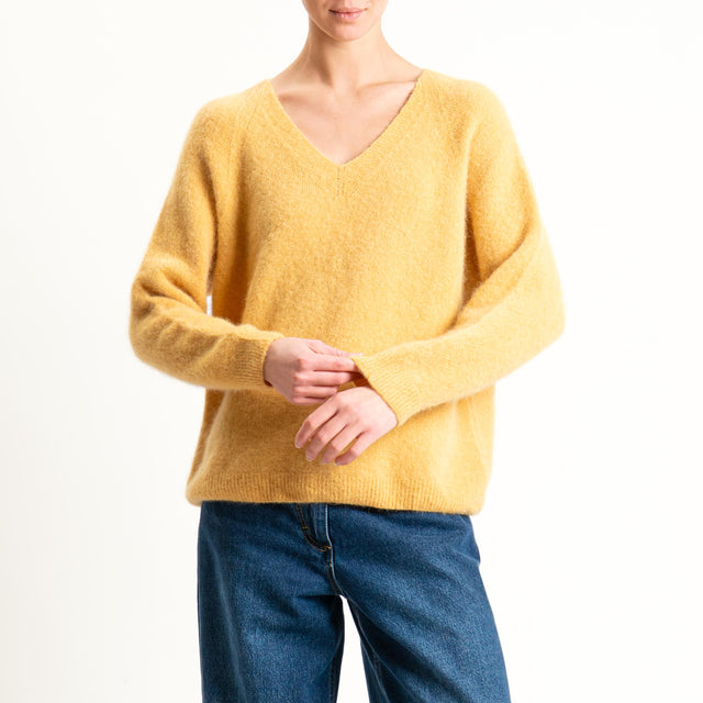 Zeroassoluto-Maglia scollo a v manica scesa BABY ALPACA SUPERFINE ELASTICIZZATA - ocra