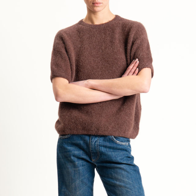 Zeroassoluto-Maglia girocollo mezza manica BABY ALPACA SUPERFINE ELASTICIZZATA - moro