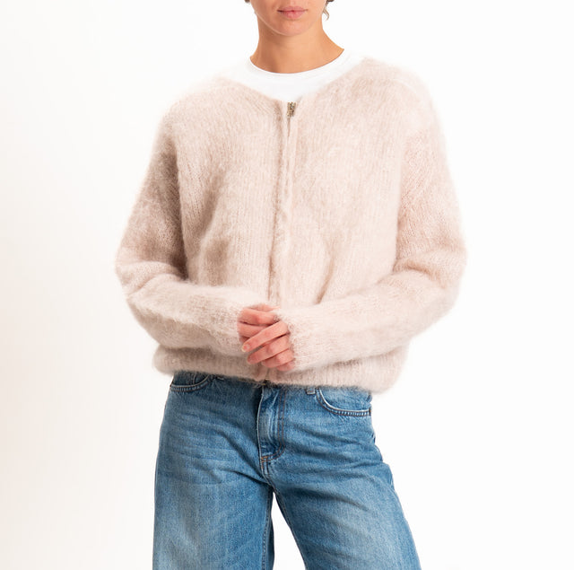 Zeroassoluto-Cardigan KID MOHAIR girocollo con zip - cipria