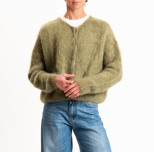 Zeroassoluto-Cardigan KID MOHAIR girocollo con zip - militare