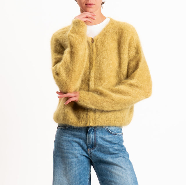 Zeroassoluto-Cardigan KID MOHAIR girocollo con zip - kiwi
