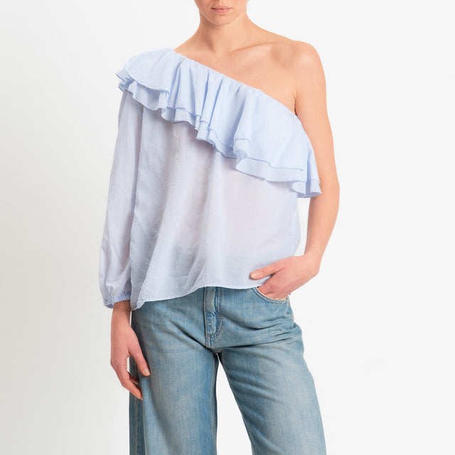Zeroassoluto-Blusa monospalla con balze mussola di tencel/cotone - sky