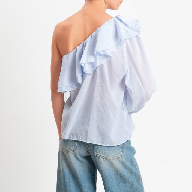 Zeroassoluto-Blusa monospalla con balze mussola di tencel/cotone - sky