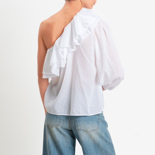 Zeroassoluto-Blusa monospalla con balze mussola di tencel/cotone - bianco