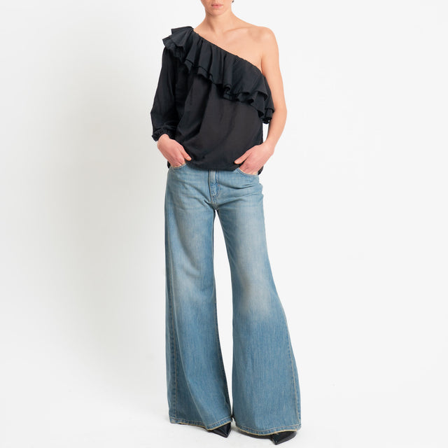 Zeroassoluto-Blusa monospalla con balze mussola di tencel/cotone - nero