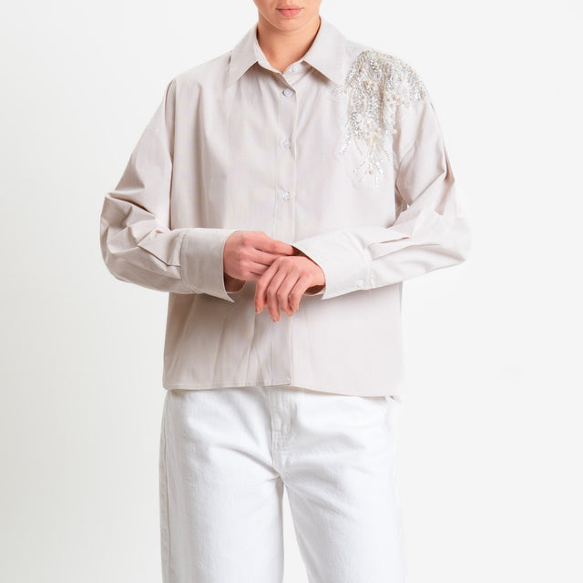 Zeroassoluto-Camicia a righe dettaglio strass - bianco/sabbia