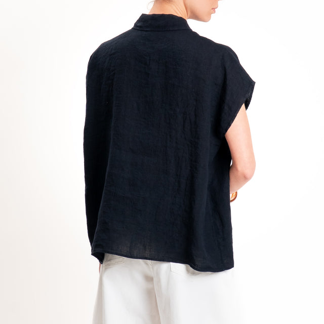 Zeroassoluto-Camicia smanicata 100% lino premium washed - blu
