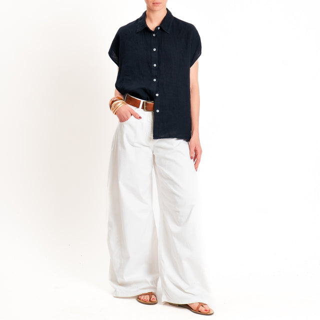 Zeroassoluto-Camicia smanicata 100% lino premium washed - blu