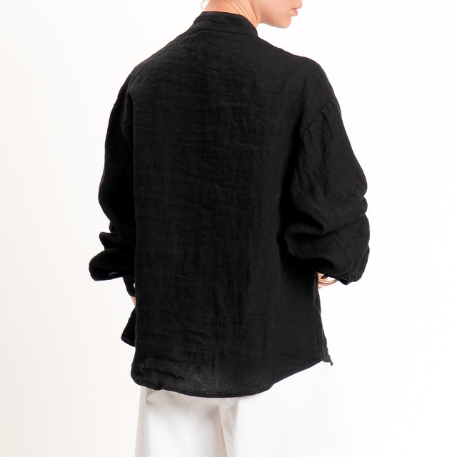 Zeroassoluto-Camicia collo coreana 100% lino premium washed - nero