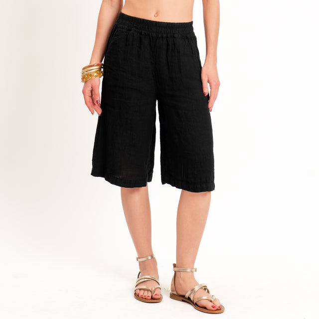 Zeroassoluto-Bermuda elastico in vita 100% lino premium washed - nero