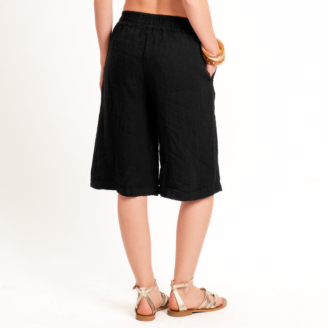 Zeroassoluto-Bermuda elastico in vita 100% lino premium washed - nero