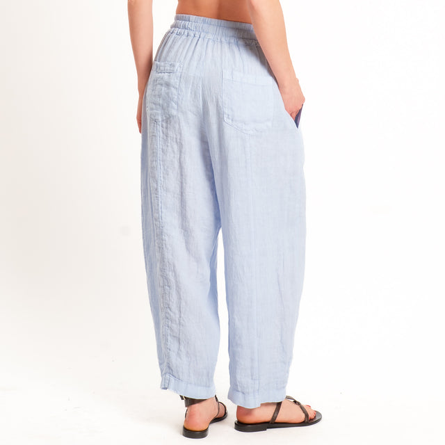 Zeroassoluto-Pantalone barrel elastico in vita 100% lino premium washed - celeste