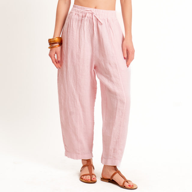 Zeroassoluto-Pantalone barrel elastico in vita 100% lino premium washed - light pink