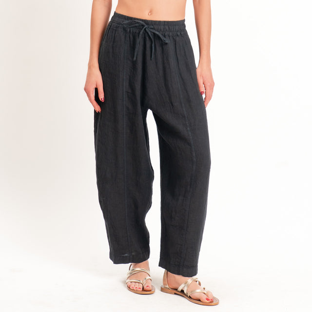 Zeroassoluto-Pantalone barrel elastico in vita 100% lino premium washed - piombo