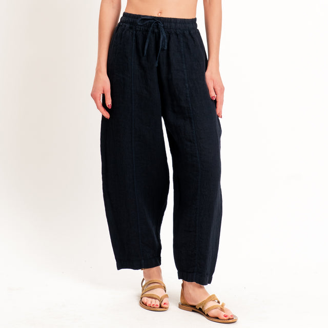 Zeroassoluto-Pantalone barrel elastico in vita 100% lino premium washed - blu